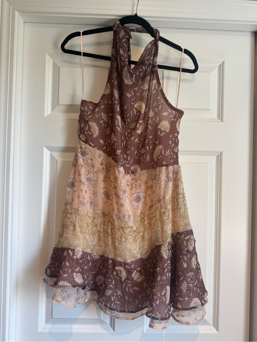Zara Floral Tiered Halter Mini Dress in Mauve and Cream